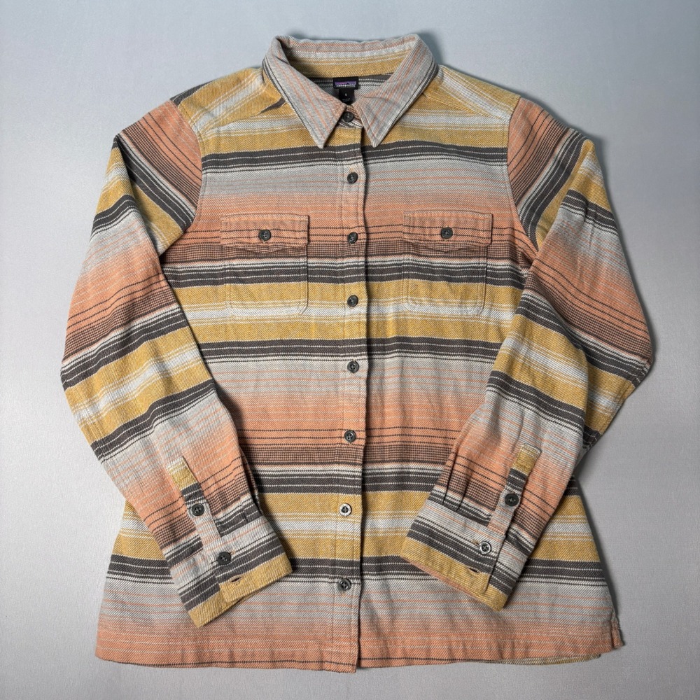 Patagonia Womens Organic Cotton Striped Flannel Button Down Shirt Size 6 Orange